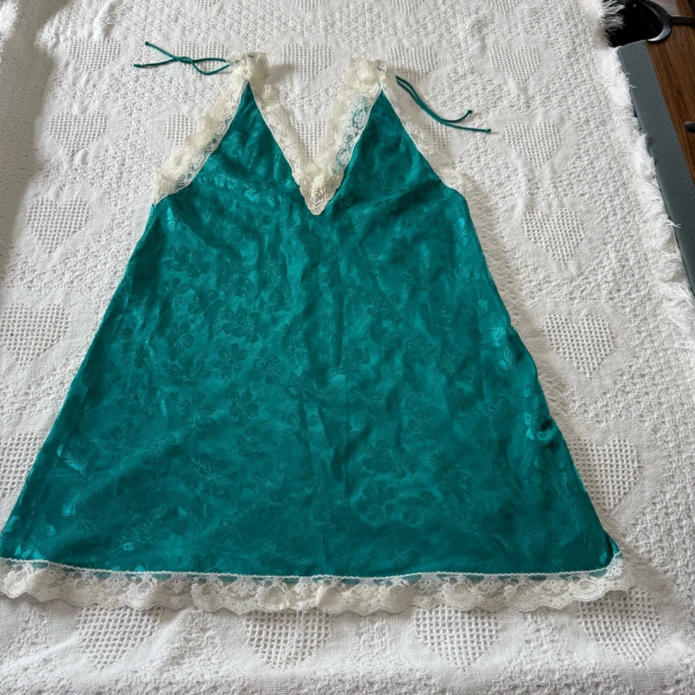 Vintage Delicates Teal Lace Trim Babydoll Slip Dress (SEE MEASUREMENTS)
